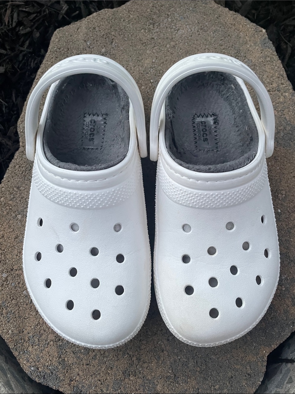 CROCS White Slip-On Mules with Gray Fleece Lining